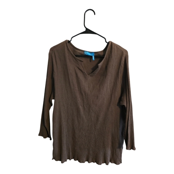 Fresh Produce Blouse Women Brown 1X Plus 3/4 Sleeve V-Neck Stretchy Side Slit - Picture 1 of 11